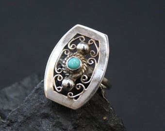 Sterling Silver and Turquoise Filigree Ring, Turquoise Filigree Jewelry, Sterling Filigree Ring, Antique Sterling Silver Turquoise Ring