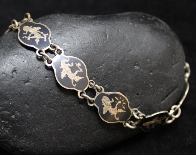 Sterling Silver Siamese Link Bracelet, Sterling Siam Niello Bracelet, Siamese Sterling Silver Jewelry, Niello Link Bracelet, Siam 925