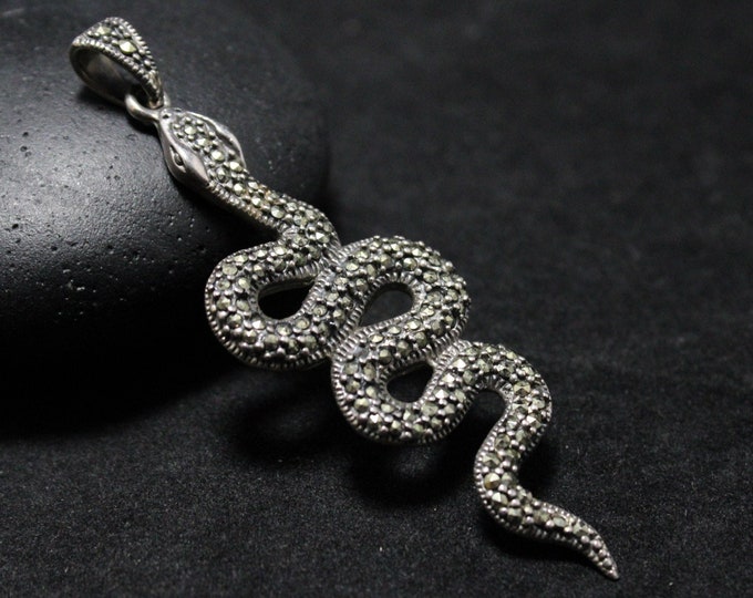 Sterling Silver Marcasite Snake Pendant, Sterling Snake Pendant, Silver Marcasite Serpent Pendant, Sterling Silver Snake Jewelry, Cute Snake