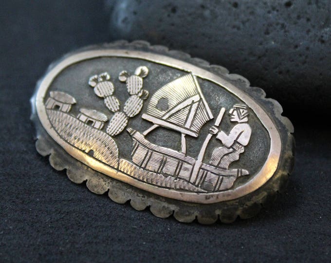 Sterling Silver Boat Scene Storyteller Pin, Sterling Storyteller Jewelry, Silver Storyteller Brooch, Peruvian Sterling Silver Pin with Scene