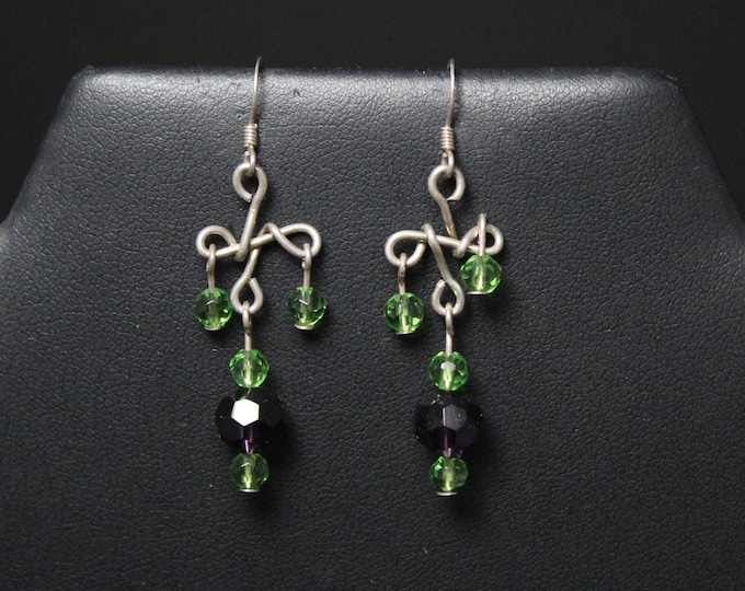 Sterling Silver Green and Purple Beaded Glass Dangle Earrings, Sterling Beaded Dangle Earrings, Glass Bead Earrings, Sterling Swirl Earrings