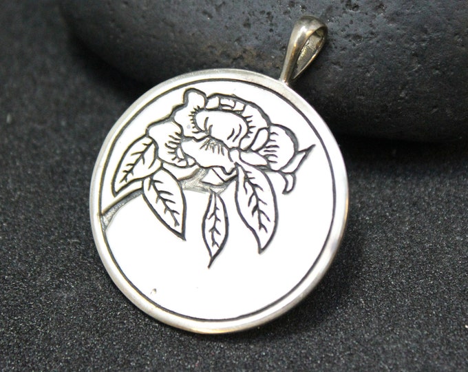 Sterling Silver November Birthday Flower Pendant, November Jewelry, Sterling Silver Gardenia, Birthday Jewelry, Round Sterling Medallion