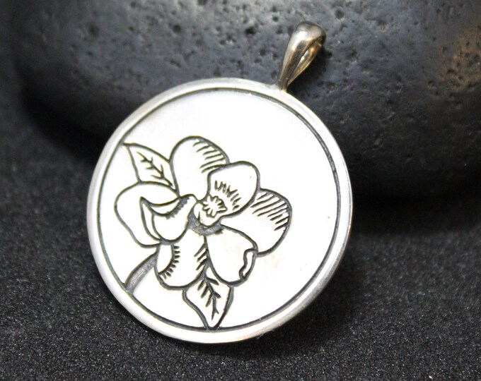 Sterling Silver May Birthday Flower Pendant, May Jewelry, Sterling Silver Magnolia, Magnolia Jewelry, Round Sterling Medallion