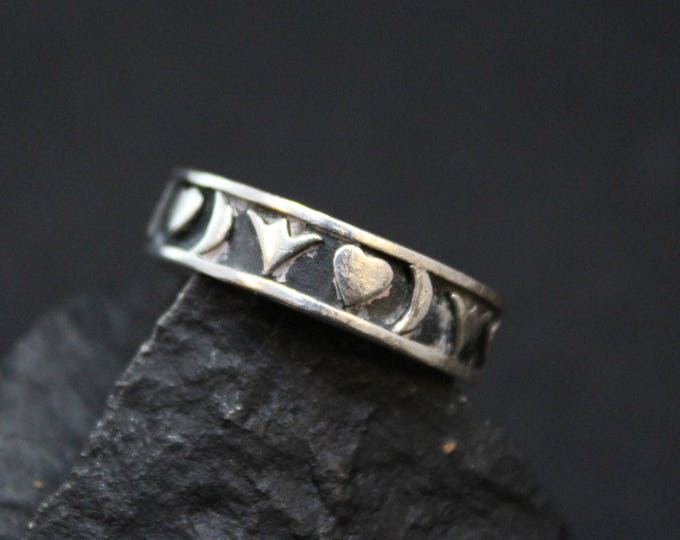 Sterling Silver Heart Symbol Band Ring, Sterling Silver Shapes Ring, Moon Ring, Sterling Moon Ring, Sterling Crescent Moon Ring