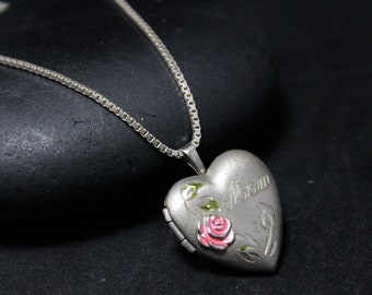 Brushed Sterling Silver Mother's Day Heart Locket Necklace With Flower And Mom Engraved, Mother's Day Gift, Mom Jewelry, Locket Jewelry