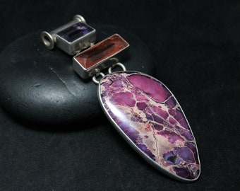 Sterling Silver Modernist Taxco Purple Jasper and Purple Pink CZ Statement Pendant, Purple Gem Pendant, Statement Sterling Gem Pendant