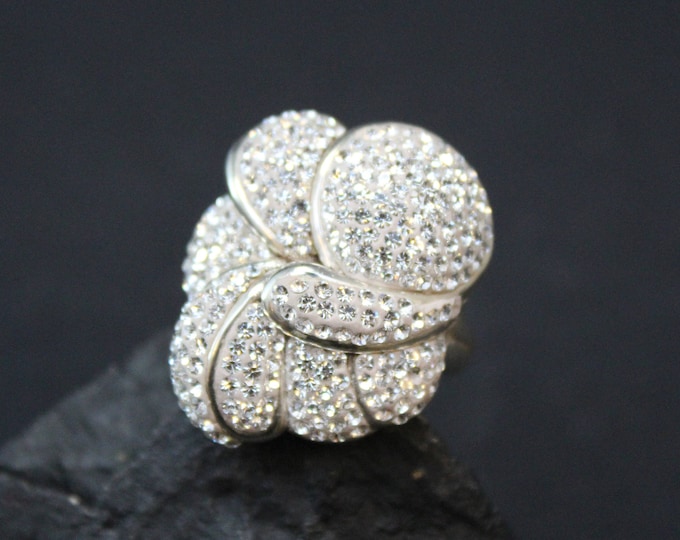 Sterling Silver Pave Crystal Flower Ring, Sterling Silver Hawaiian Flower Ring, Sterling Plumeria Ring, Big Sterling Flower Ring (AS IS)