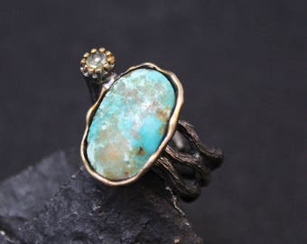 Oxidized Sterling Silver and Gold Turquoise Artisan Designer Ring, Turquoise and Gemstone Ring, Oxidized Sterling Silver Jewelry