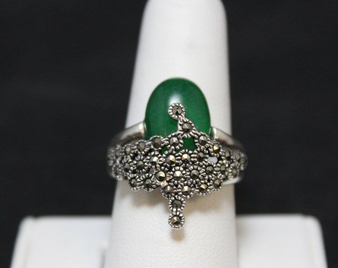 Sterling Silver Art Deco Style Green Christoprase Agate with Accent Marcasite Ring Size 7