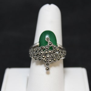 Sterling Silver Art Deco Style Green Christoprase Agate with Accent Marcasite Ring Size 7