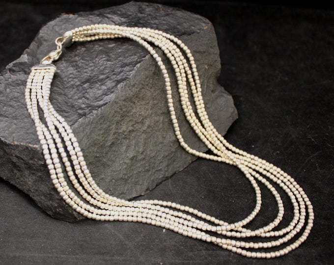 Vintage Italian Sterling Silver Multistrand Beaded Necklace, 925 Italy Rondelle Bead 5 Strand Necklace, VTG Silver Jewelry, 16.5 inch long