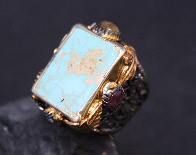 Oxidized Sterling Silver and Gold Turquoise Artisan Designer Ring, Turquoise and Gemstone Ring, Oxidized Sterling Silver Jewelry