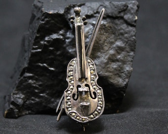 Sterling Silver Violin Brooch with Marcasite and Onyx Accents
