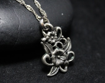 Sterling Silver Floral Filigree Necklace 16 Inches, Sterling Silver Floral Pendant, Sterling Silver Flower Necklace, Sterling Flower Pendant