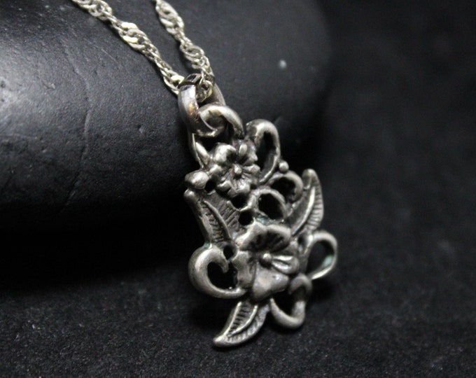 Sterling Silver Floral Filigree Necklace 16 Inches, Sterling Silver Floral Pendant, Sterling Silver Flower Necklace, Sterling Flower Pendant