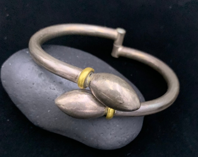 Two Tone Hinged Bangle Bracelet With Sterling Silver And Small Brass Rings, Vintage Unique Oval Bangle