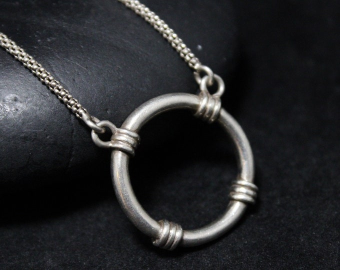 Modern Sterling Silver Long Circle Necklace 30 Inches, Sterling Circle Pendant, Modernist Circle Pendant, Minimalist Simple Circle Pendant,