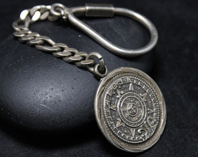 TAXCO Sterling Silver Mayan Calendar Keychain Ring, Mayan Jewelry, Mayan Calendar Jewelry, Sterling Silver Key Chain, Aztec Keychain