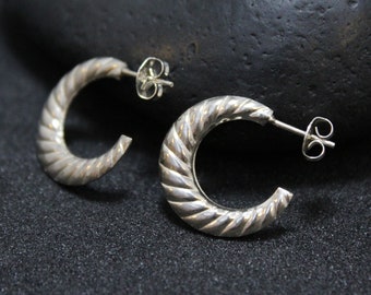 Sterling Silver Ribbed Hoop Earrings, Half Hoop Earrings, Sterling Half Hoops, Ribbed Sterling Silver Earrings, Ribbed Sterling Hoops