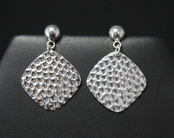 Modern Silver Textured Square Dangle Earrings, Modern Silver Dangle, Hammered Silver Earrings, Hammered Silver Jewelry