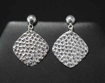 Modern Silver Textured Square Dangle Earrings, Modern Silver Dangle, Hammered Silver Earrings, Hammered Silver Jewelry