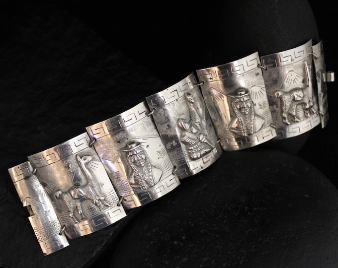 Vintage Sterling Silver Peru Storyteller Bracelet, VTG 925 Peruvian Llama Panel Statement Bracelet, Silver Engraved Relief Bracelet, 8 inch