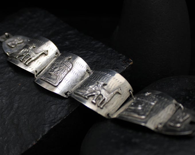 Vintage Peru Sterling Silver Storyteller Bracelet, VTG 925 Peruvian Llama Engraved Panel Bracelet, Boho Statement Bracelet, 7.5 inches long