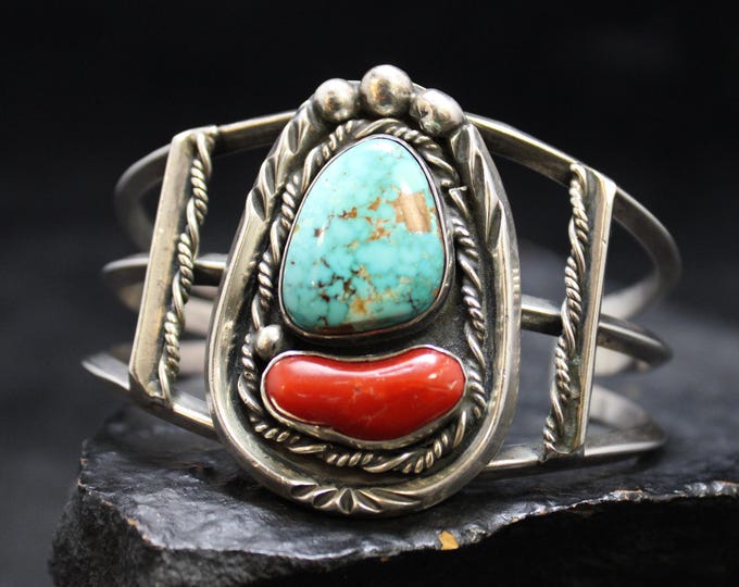 Large Vintage Southwestern Sterling Silver Blue and Red Gem Stone Cuff Bracelet, VTG 925 Chunky Statement Jewelry, Betty Gorman Selection