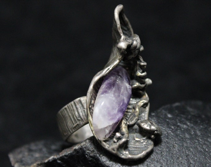 AS IS Abstract Brutalist Sterling Silver and Purple Amethyst Ring, Free-form 925 Vintage Amethyst Ring, Chevron Amethyst Ring