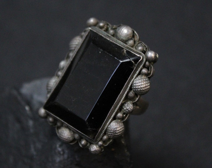 Sterling Silver Chinese Obsidian Ring, Sterling Obsidian Jewelry, Chinese Sterling Jewelry, Big Obsidian Ring, Antique Chinese Jewelry