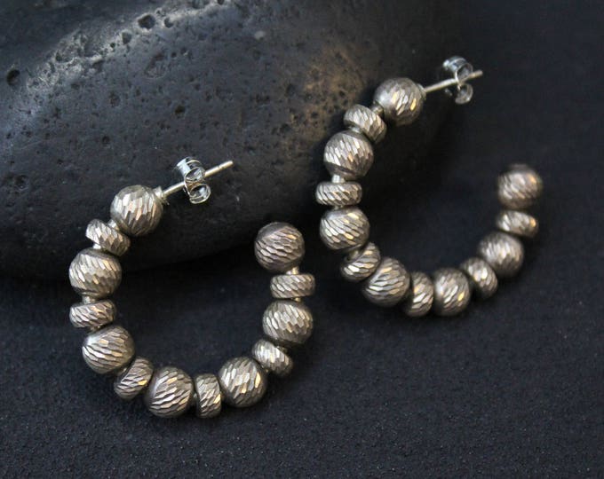 Sterling Silver Diamond Cut Beaded Hoop Earrings, Sterling Beaded Hoops, Diamond Cut Sterling Earrings, Diamond Cut Beads, Beaded Hoops