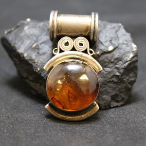 Unique Sterling Silver and Amber Slider Pendant, Vintage Amber Sliding Pendant, Unique Vintage Sterling Silver Pendant with Round Piece of A