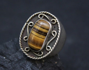 Large Sterling Silver Tigers Eye Ring, Men's Sterling Silver Ring, Sterling Silver Tiger's Eye Jewerly, Tiger's Eye Ring, Men's Silver Ring