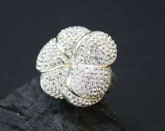 Sterling Silver Pave Crystal Flower Ring, Sterling Silver Hawaiian Flower Ring, Sterling Plumeria Ring, Big Sterling Flower Ring