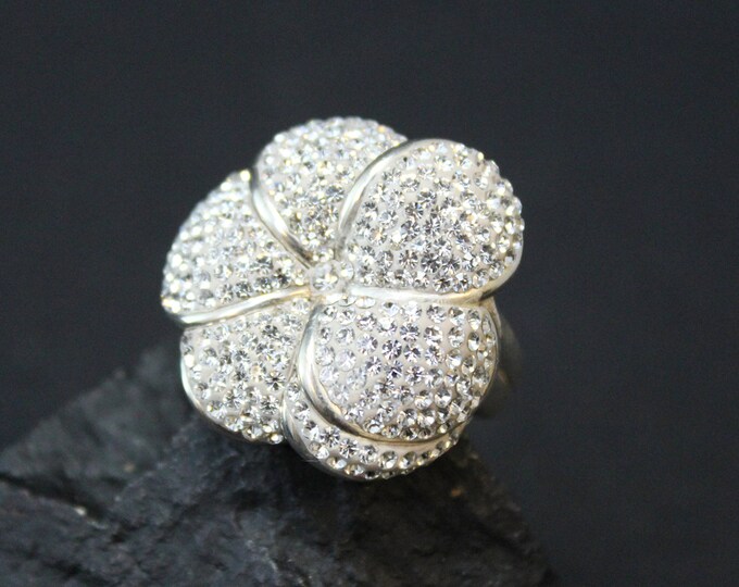 Sterling Silver Pave Crystal Flower Ring, Sterling Silver Hawaiian Flower Ring, Sterling Plumeria Ring, Big Sterling Flower Ring