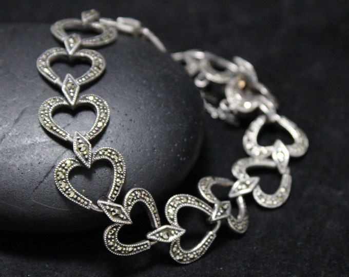 Art Deco Sterling Silver and Marcasite Heart Link Bracelet, Art Deco Link Bracelet, Sterling Silver Marcasite Jewelry, Valentine's Day Gift