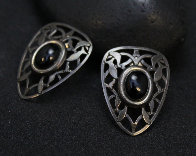 Sterling Silver Modern Onyx Filigree Earrings, Modernist Sterling Silver Earrings, Sterling Onyx Earrings, Boho Sterling Onyx Earrings