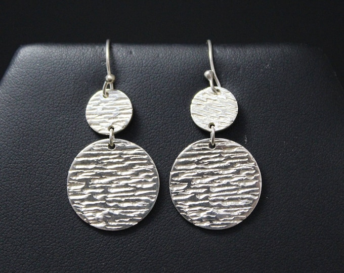 Sterling Silver Textured Dangle Disk Earrings, Textured Sterling Earrings, Textured Silver Jewelry, Sterling Silver Circle Dangle Earrings