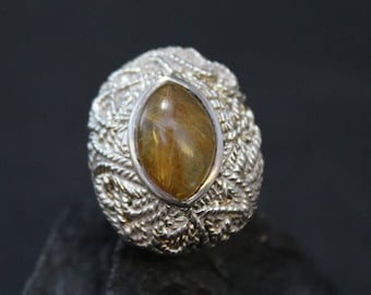 Silver Rutilated Quartz Statement Ring, Rutilated Quartz Jewelry, Silver Rutilated Quartz Ring,  Silver Knot Ring
