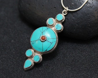 Tibetan Sterling Silver Neckalce with Faux Turquoise and Coral, Sterling Necklace, Jewelry, Faux Turquoise Jewelry