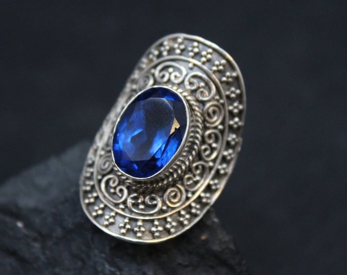 Sterling Silver and Oval Gemstone Wide Balinese Granulation Ring, Blue Gemstone Ring, Boho Sterling Silver Ring, Boho Statement Ring