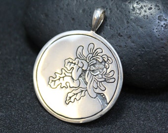 Sterling Silver October Birthday Flower Pendant, October Jewelry, Sterling Silver Chrysanthemum, Birthday Jewelry, Round Sterling Medallion
