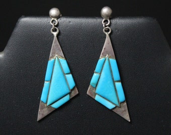 Sterling Silver Turquoise Inlay Earrings, Inlay Earrings, Geometric Turquoise Earrings, Old Earrings