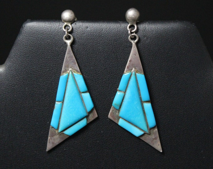 Sterling Silver Turquoise Inlay Earrings, Inlay Earrings, Geometric Turquoise Earrings, Old Earrings