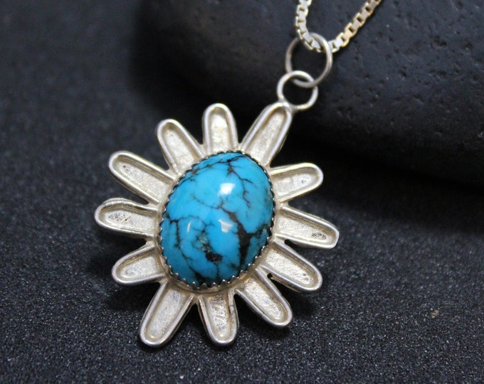 Vintage Sterling Silver and Faux Turquoise Flower Pendant on Long Box Chain, Sterling Flower Necklace, Long Sterling Silver Necklace