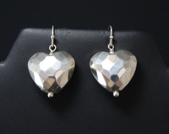 Sterling Silver Faceted Puffy Heart Dangle Earrings, Bold Heart Earrings, Bold Sterling Silver Jewelry, Dangle Heart Earrings