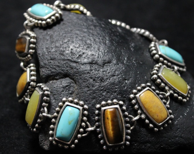 Vintage Tigers-eye, Turquoise, Serpentine, Calcite Bracelet, Vintage Sterling Silver Bracelet, Multi-Gem Bracelet