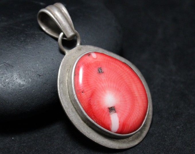 Artisan Made Large Sterling Silver Red Coral Pendant Signed T. Tucker, Heavy Coral Jewelry, Artist Signed Silver, Silver Coral