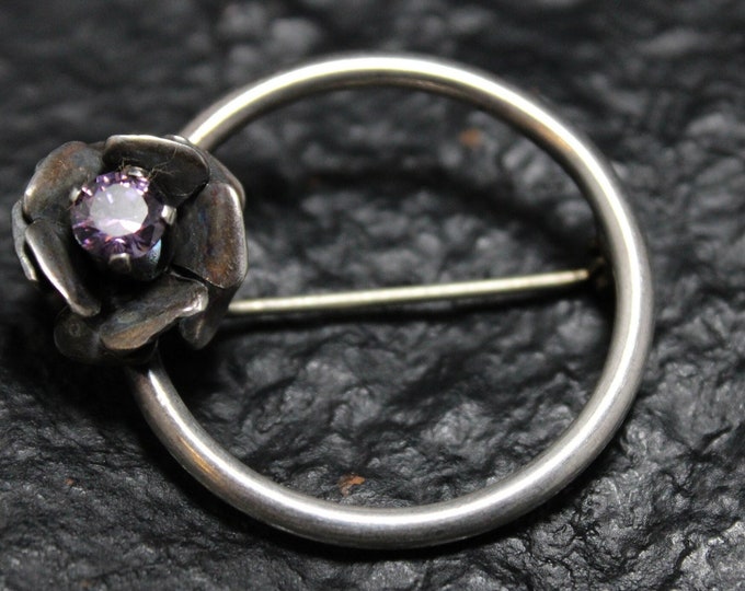 Vintage Sterling Silver and Purple Gem Open Circle Rose Flower Brooch Pin, Silver Flower Brooch, Purple Gem Brooch, Open Circle Pin