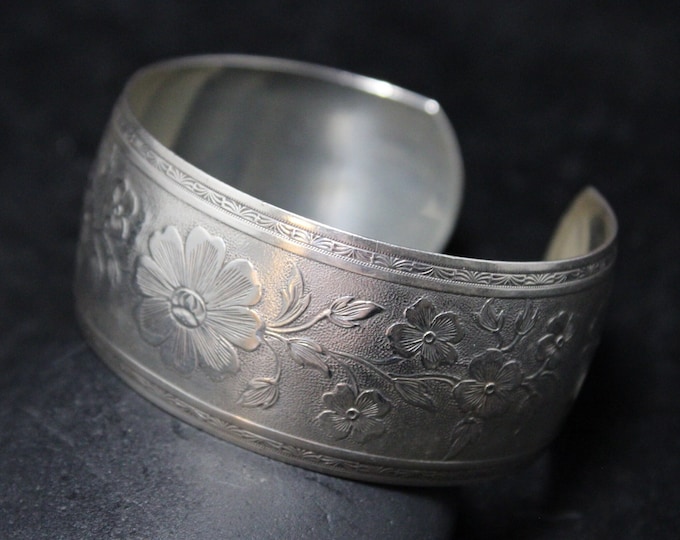 Sterling Silver DANECRAFT Floral Pattern Cuff Bracelet, Vintage Silver Cuff Bracelet, Sterling Patterned Bracelet, Sterling Floral Jewelry